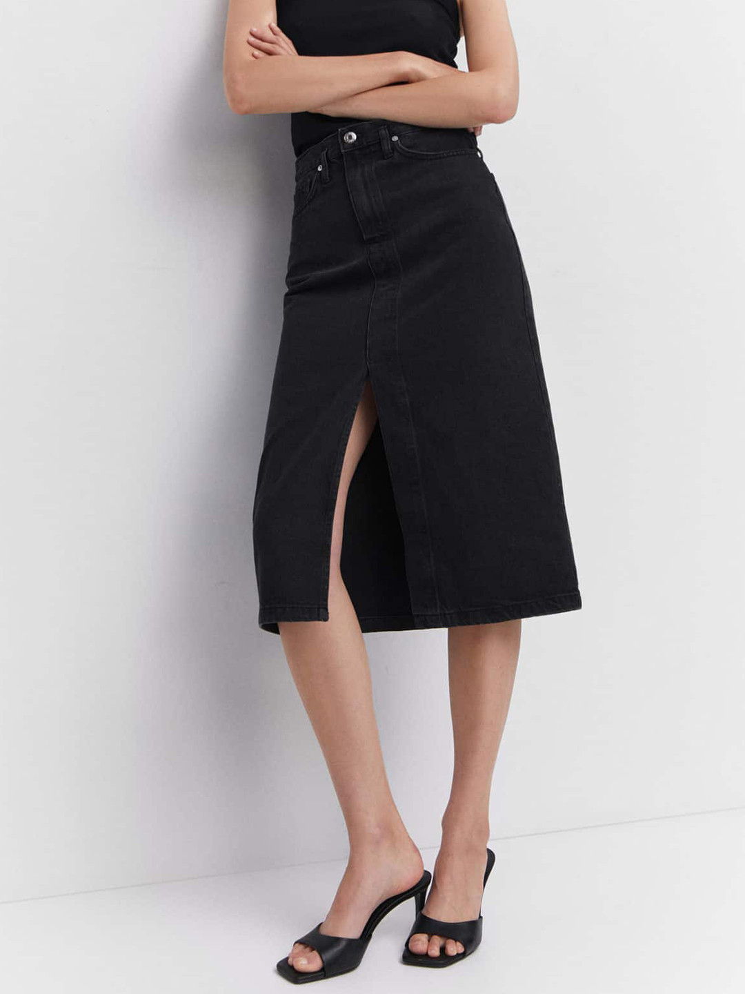 MANGO Pure Cotton Front-Slit Denim Skirt
