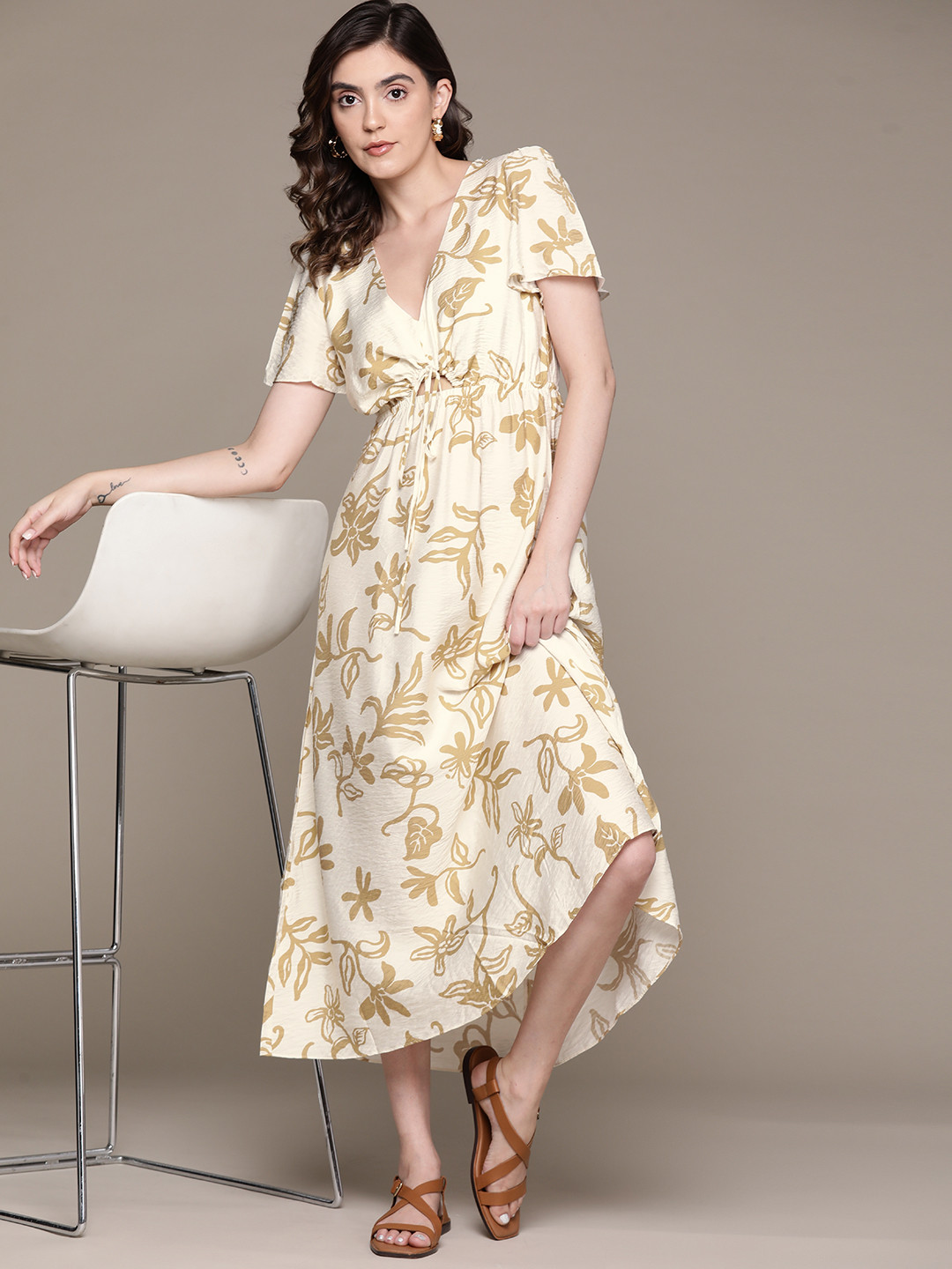 MANGO Beige & Mustard Yellow Floral Print A-Line Maxi Dress