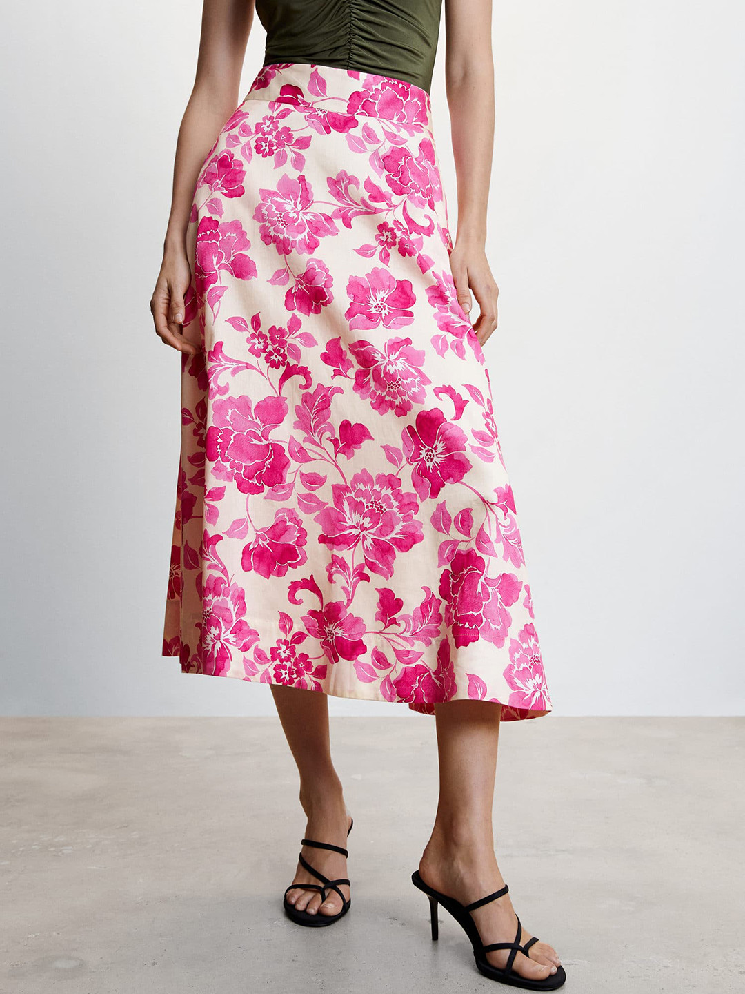 MANGO Floral Printed Pure Cotton Midi Flared Skirt