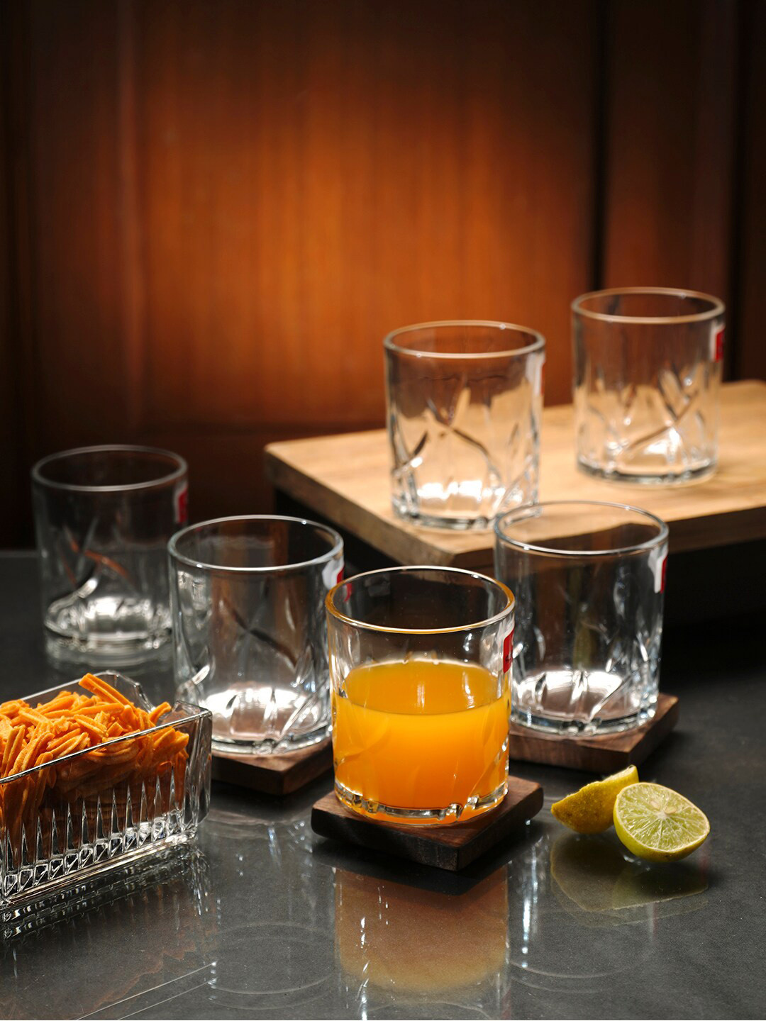 ceradeco Transparent 6 Pcs Triangle Cut Textured Water Glasses- 220ml each