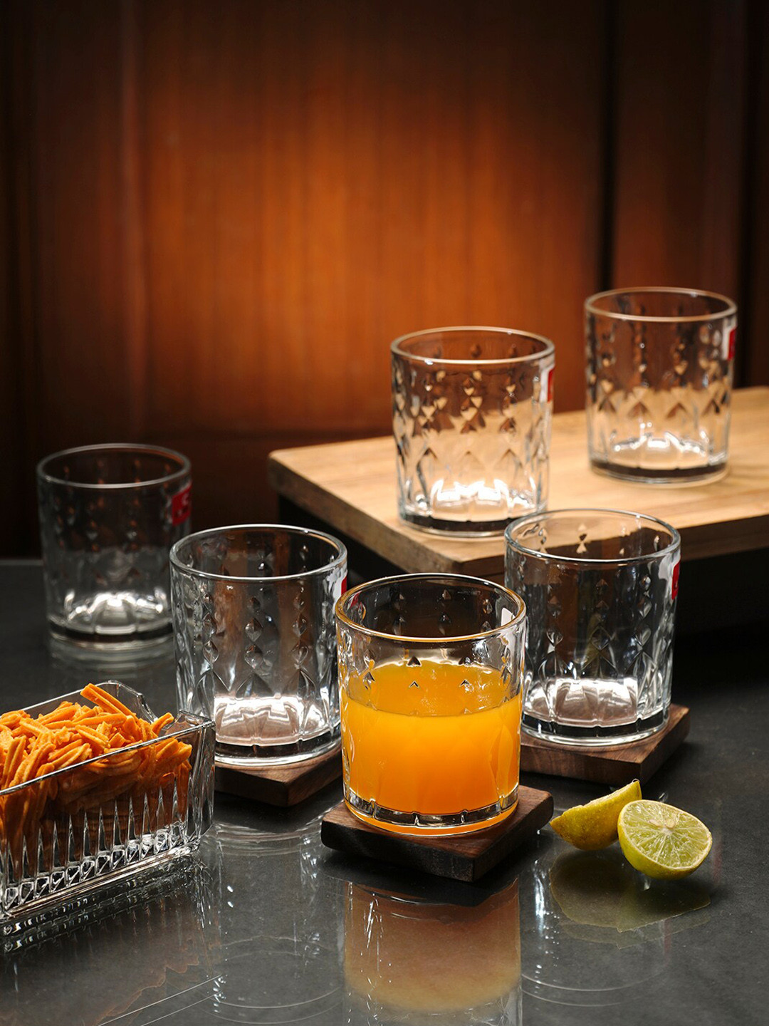 ceradeco Transparent 6 Pcs Rain Droped Textured Water Glasses- 220ml each