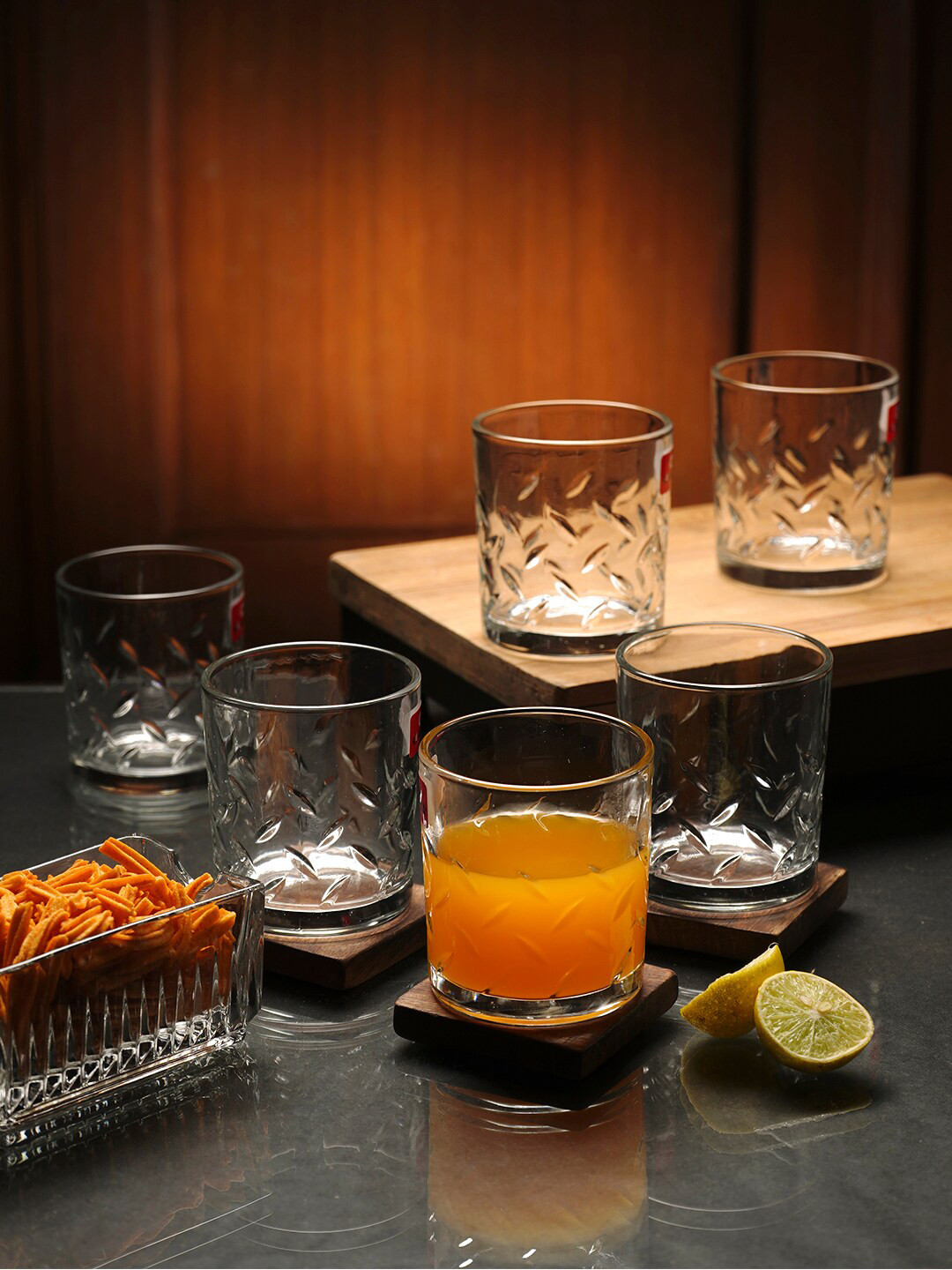 ceradeco Transparent 6 Pieces Leaf Cut Textured Water Glasses- 220ml each