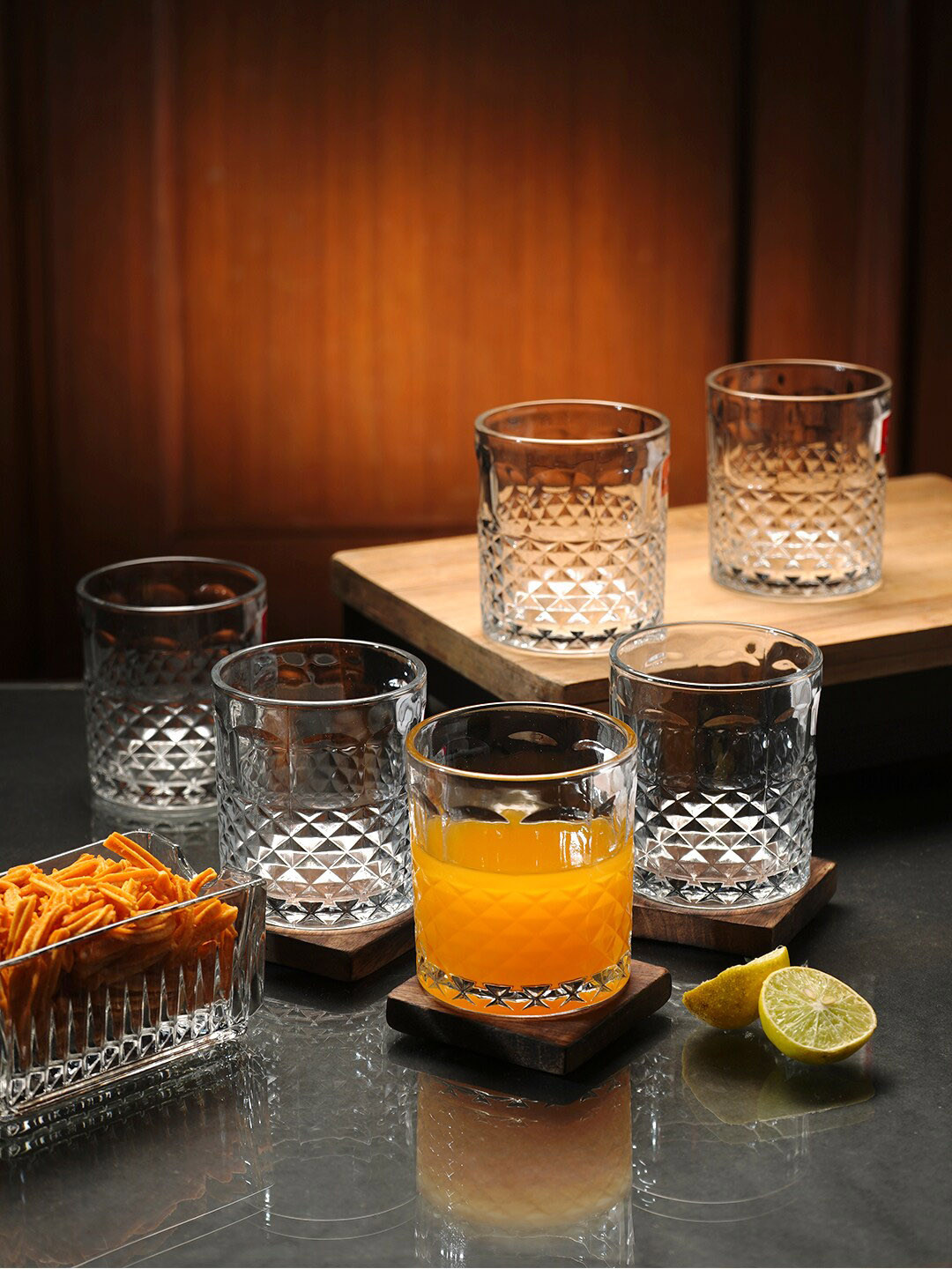 ceradeco 6 Pcs Transparent Walse Thumb Textured Food Grade Water Glasses- 220ml each