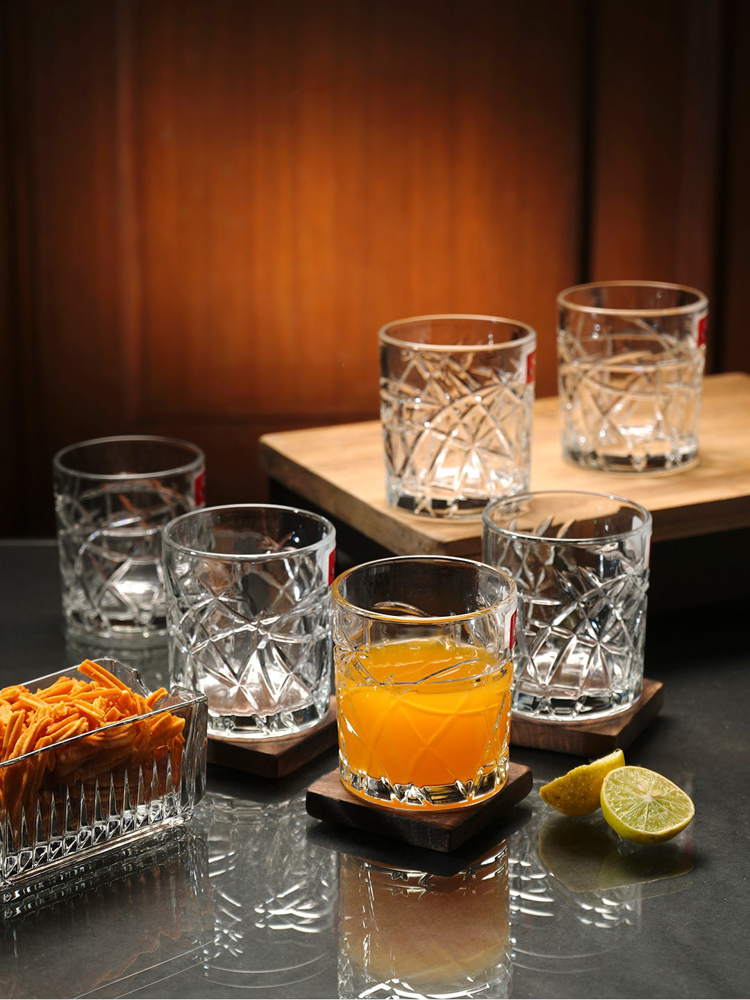 ceradeco 6 Pcs Transparent Linear Cut Textured Water Glasses- 220ml Each