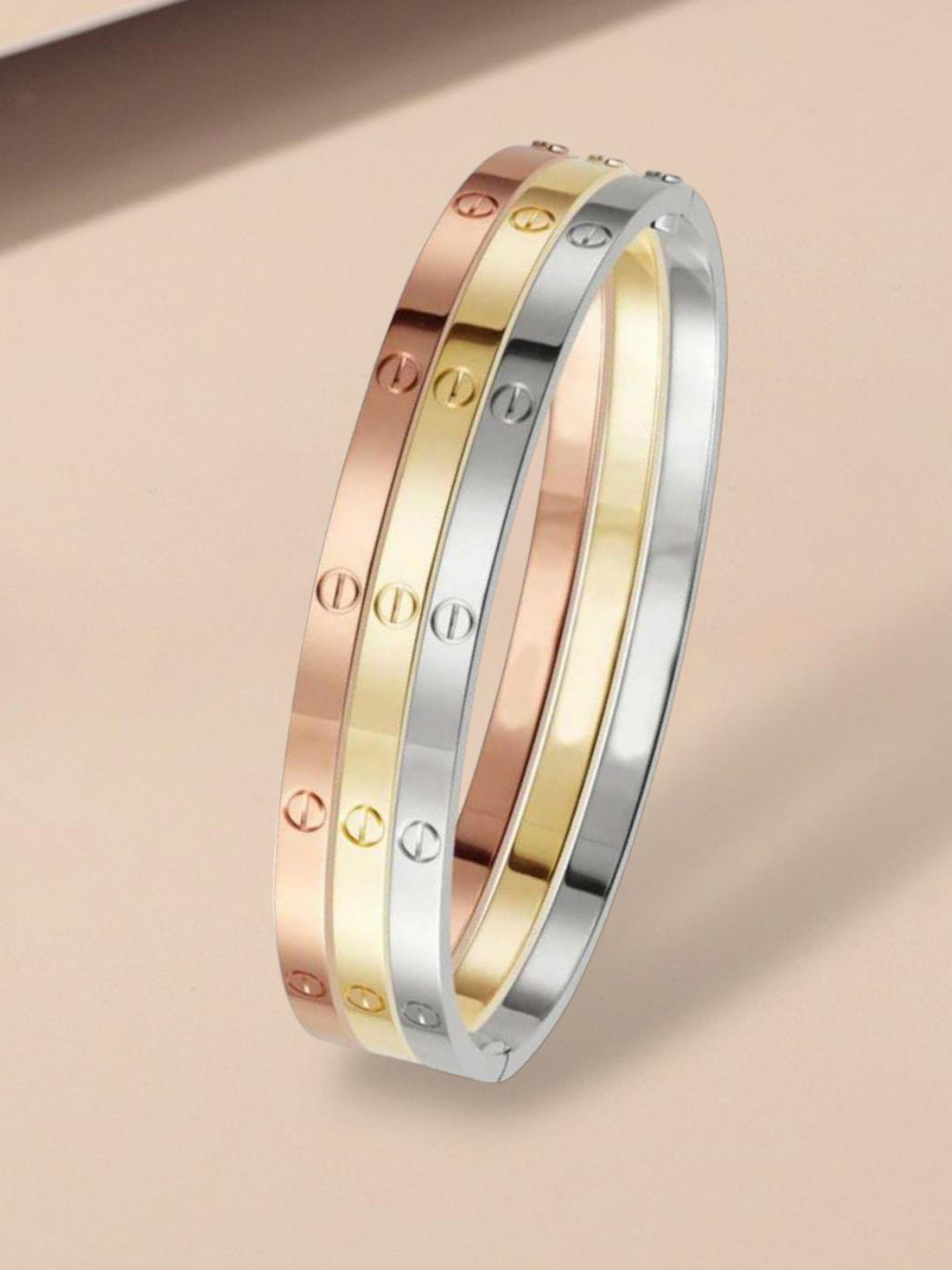 MYKI Women Set Of 3 Cubic Zirconia Rose Gold-Plated Kada Bracelet