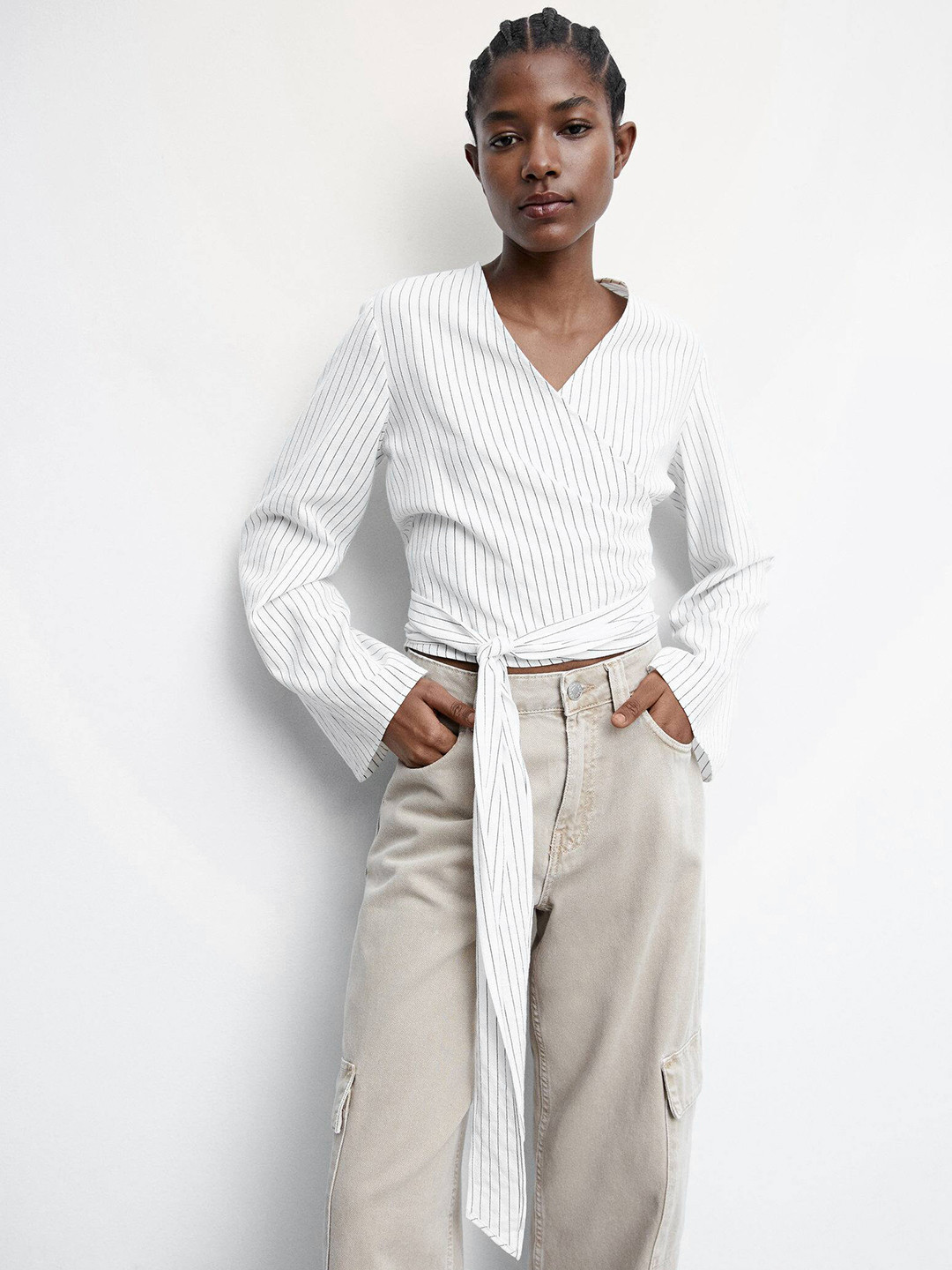 MANGO Striped Bell Sleeves Wrap Crop Top