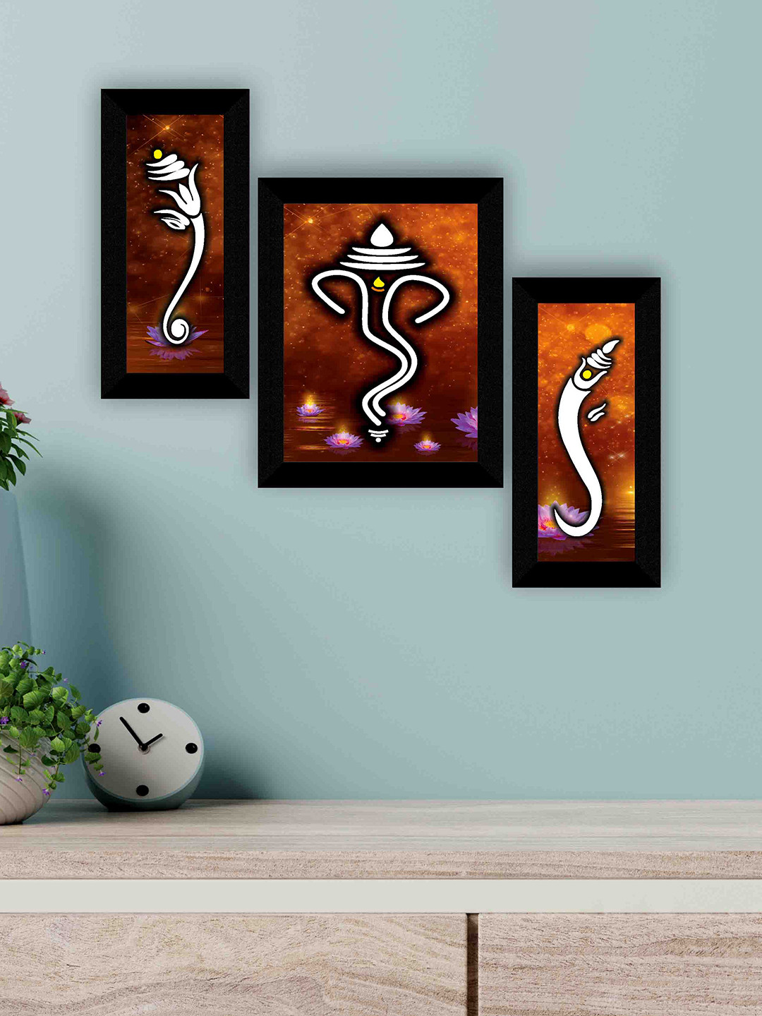 SAF Brown 3-Pieces Lord Ganesha Printed Framed Wall Art
