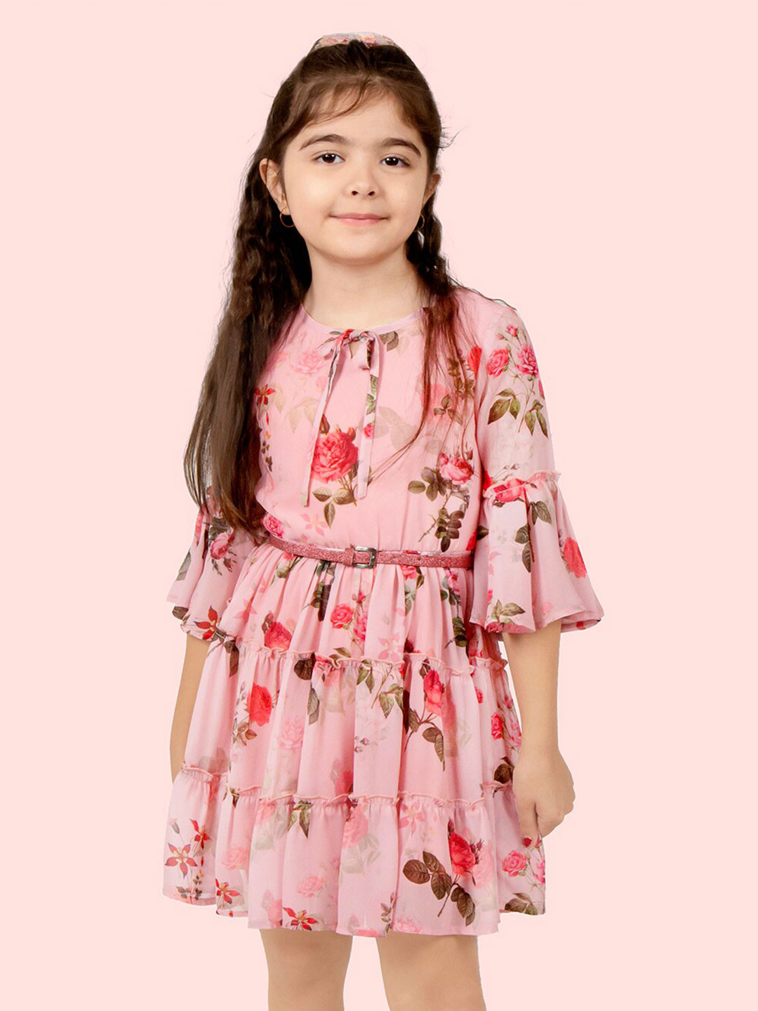 Naughty Ninos Girls Floral Printed Tiered Fit & Flare Dress With Belt