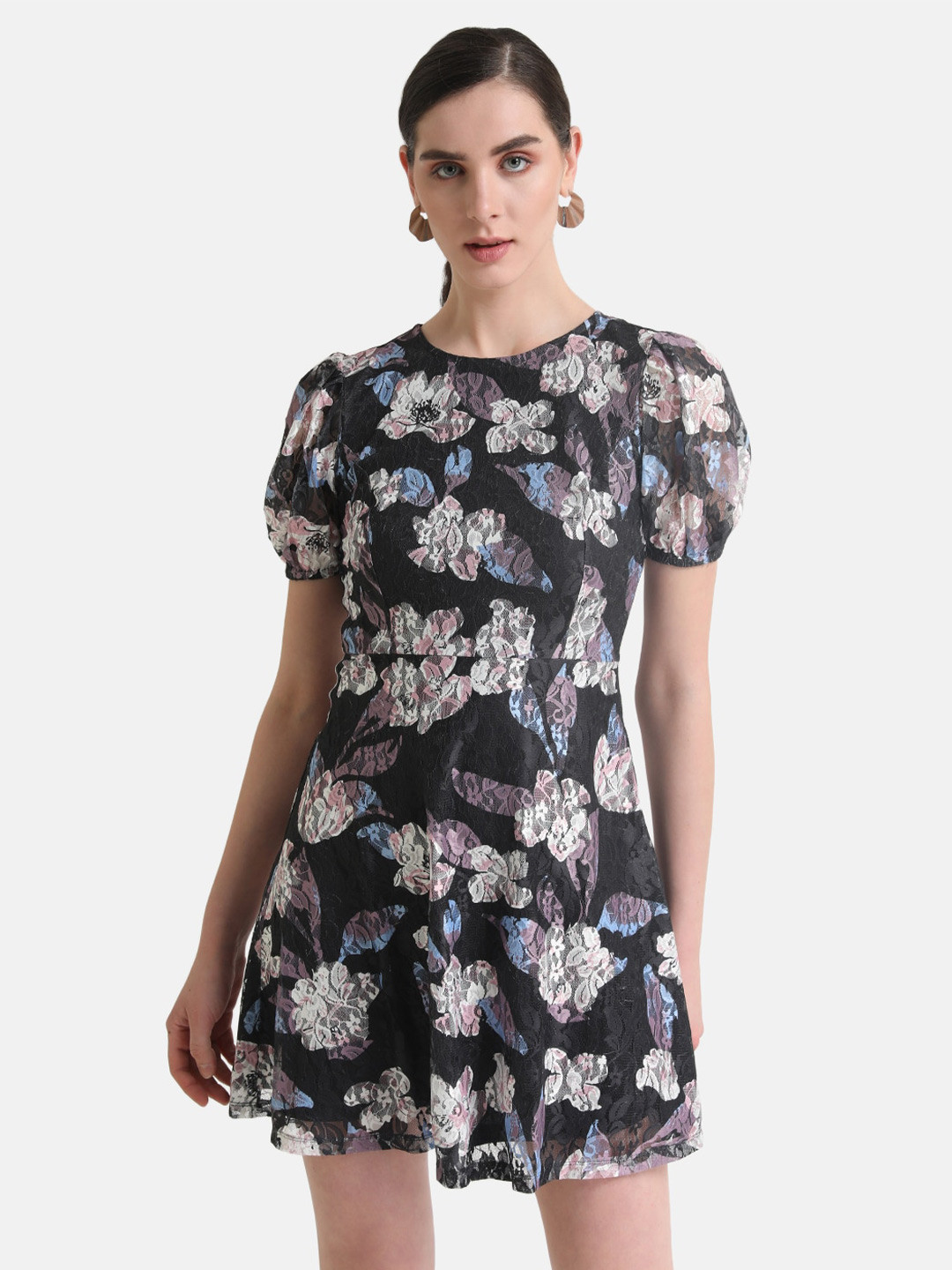 Kazo Black Floral Print Puff Sleeve Lace Fit & Flare Dress