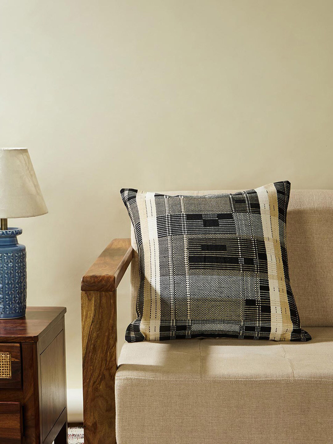 Fabindia Black & Cream-Coloured Geometric Cotton Square Cushion Cover