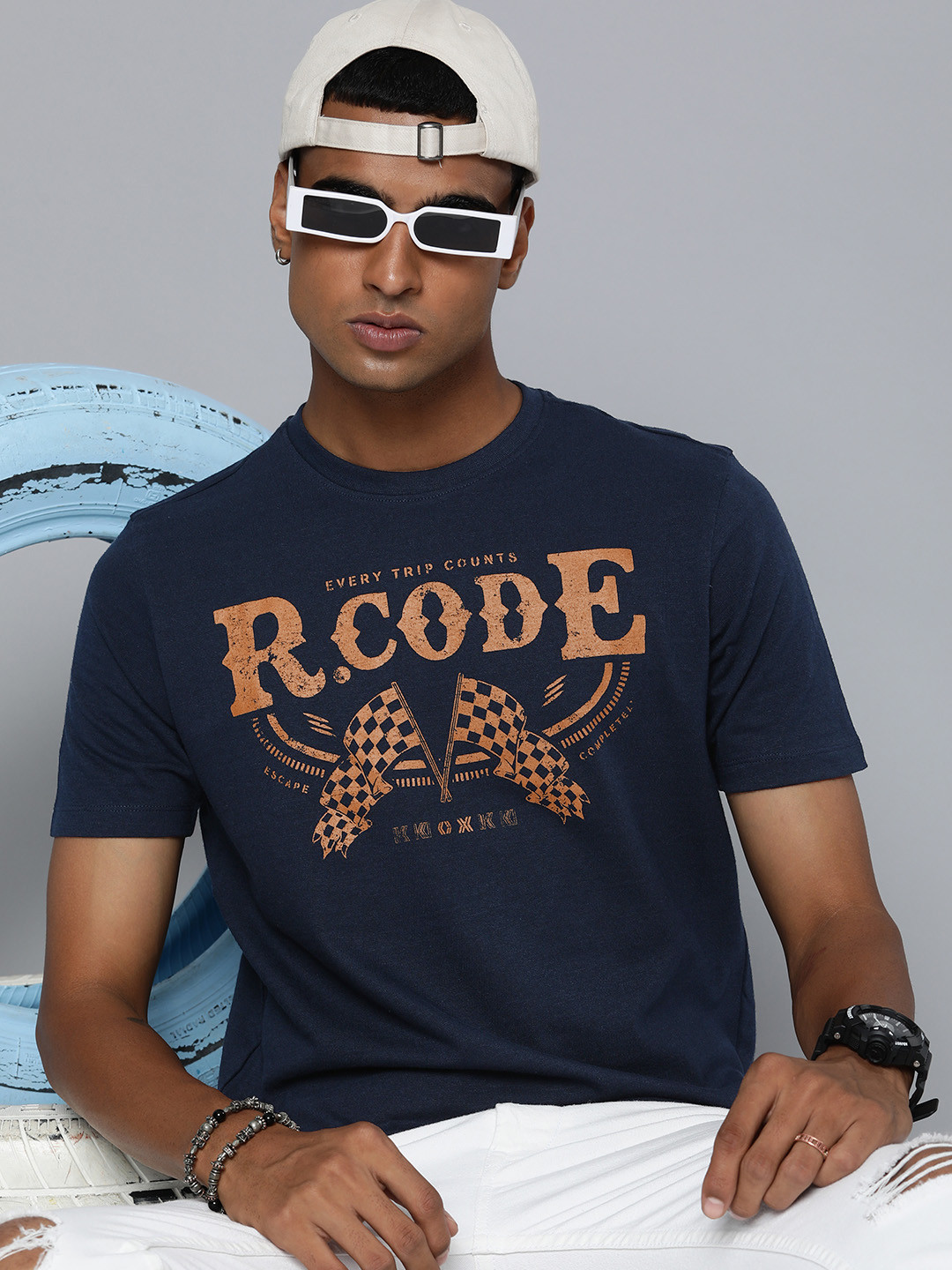 R Code by The Roadster Life Co Men Navy Blue & Orange Typography Printed T-shirt