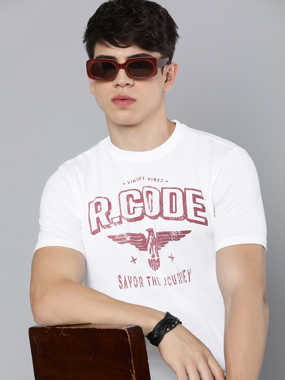 R Code by The Roadster Life Co Men White & Maroon Printed T-shirt