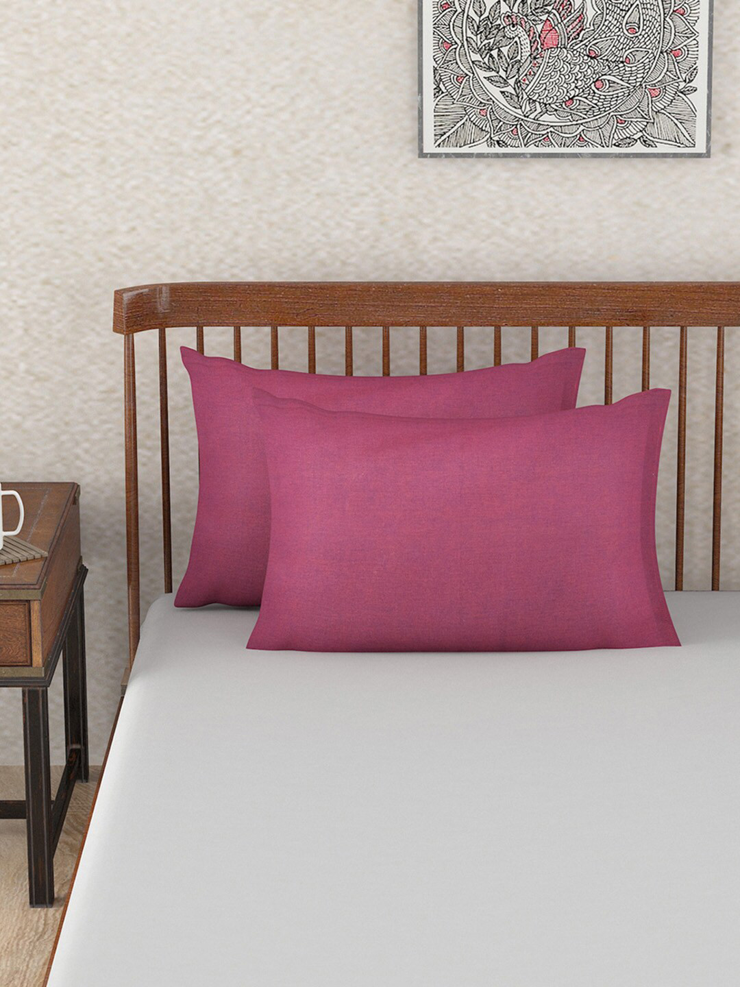 Fabindia Chambray Maroon Cotton 104 TC Single Bedsheet with a Pillow Cover-59 x 98 inches