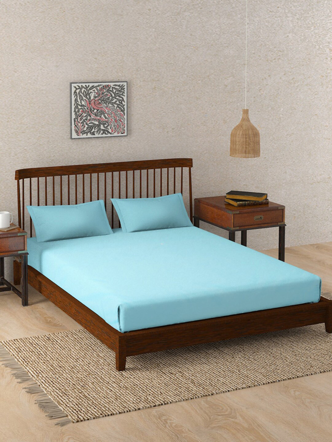 Fabindia Blue Cotton 180 TC King Fine Bedsheet with 2 Pillow Covers-108 x 108 inches