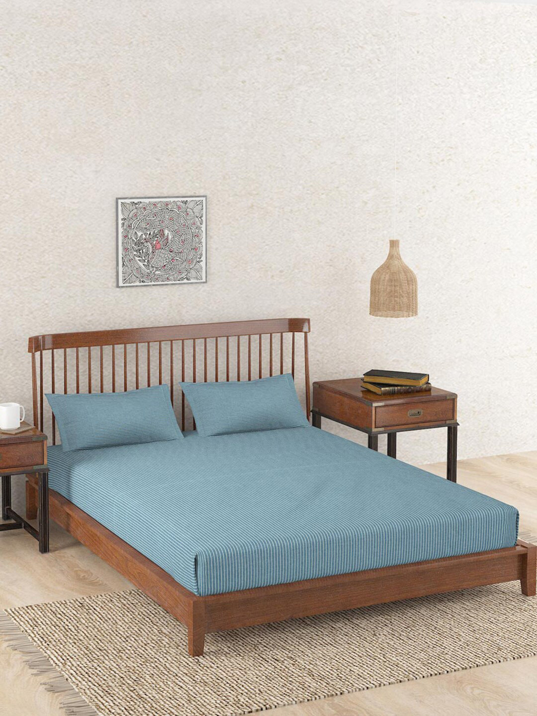 Fabindia Navy Blue Striped Cotton Skin-Friendly Single Bedsheet with a Pillow Cover-59 x 98 inches