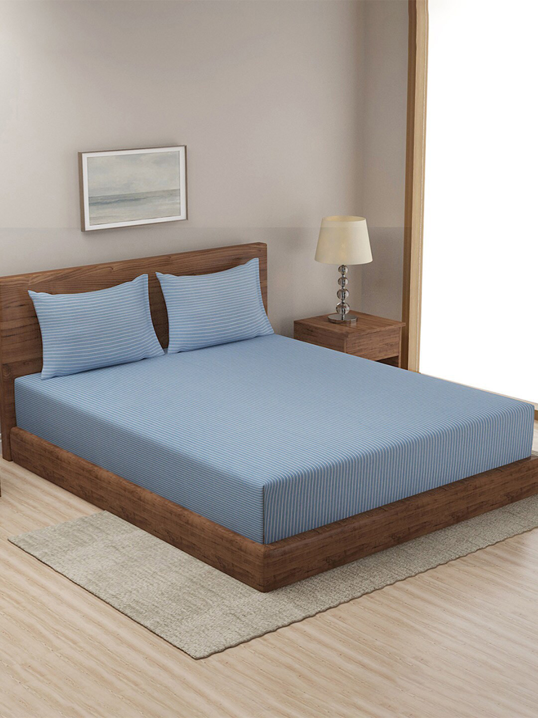 Fabindia Nile Blue Striped Cotton Single Bedsheet with a Pillow Cover-59 x 98 inches