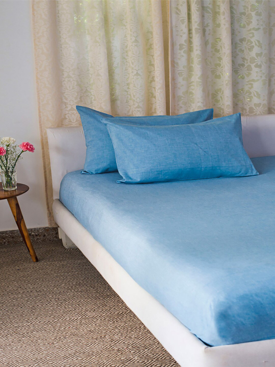 Fabindia Elevate Blue Solid Cotton Single Bedsheet with a Pillow Cover-150 x 250 cm