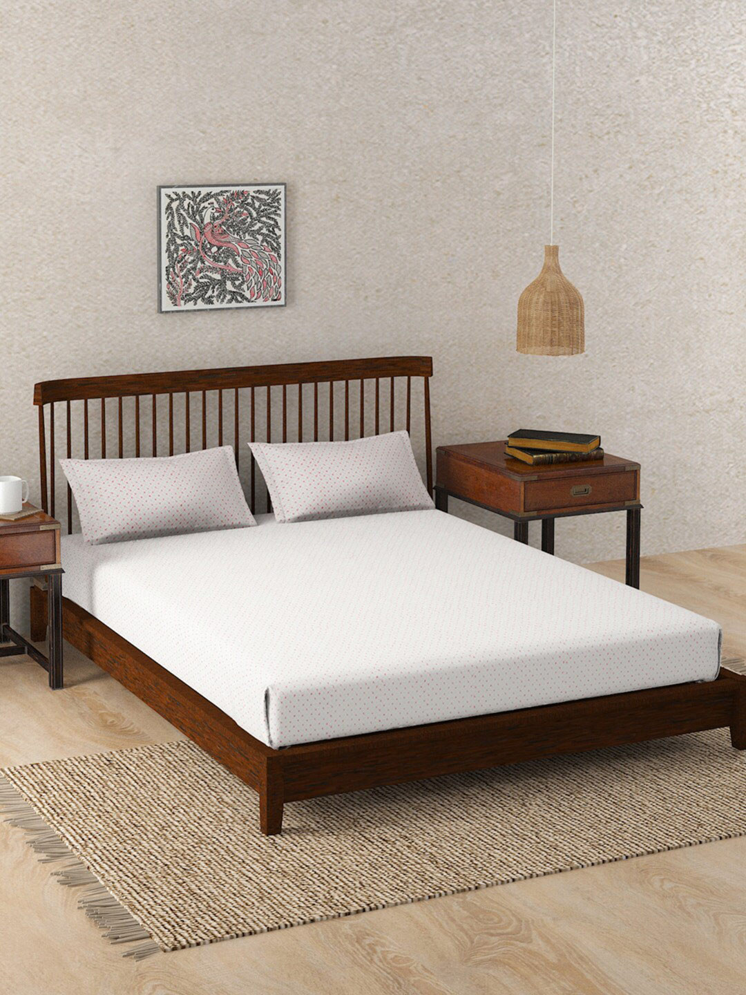 Fabindia Vardaniya White & Red Cotton 180 TC Single Bedsheet With 1 Pillow Cover