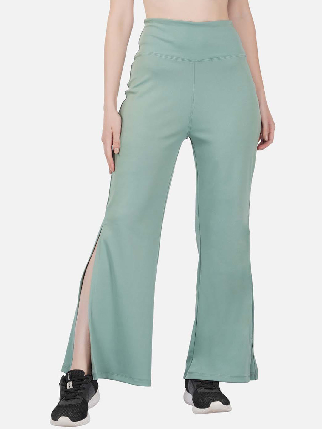 IMPERATIVE Women Relaxed High-Rise Pain Knitted Flared Side Slit Sports Bootcut Trousers