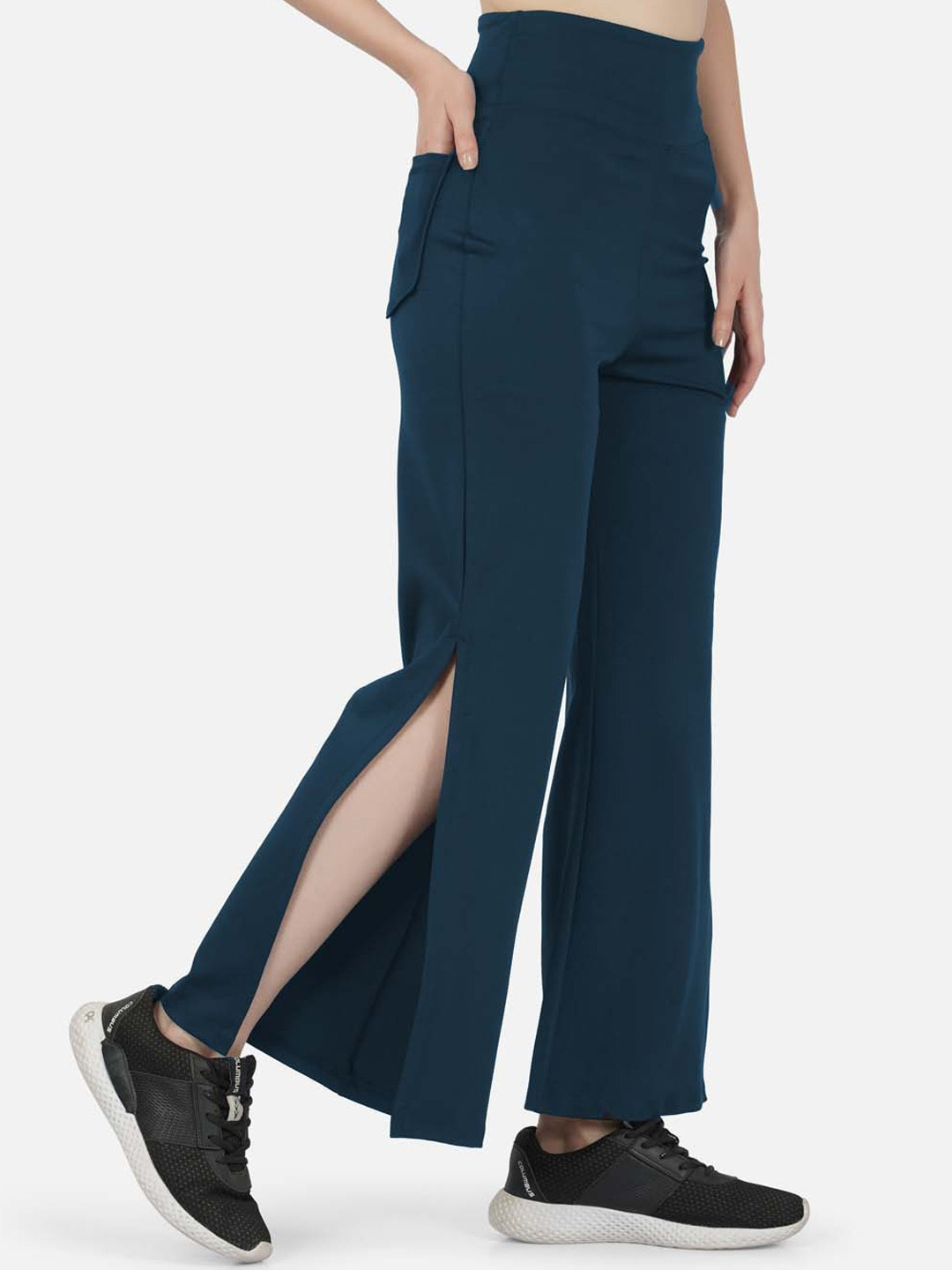 IMPERATIVE Women Relaxed High-Rise Pain Knitted Flared Side Slit Sports Bootcut Trousers