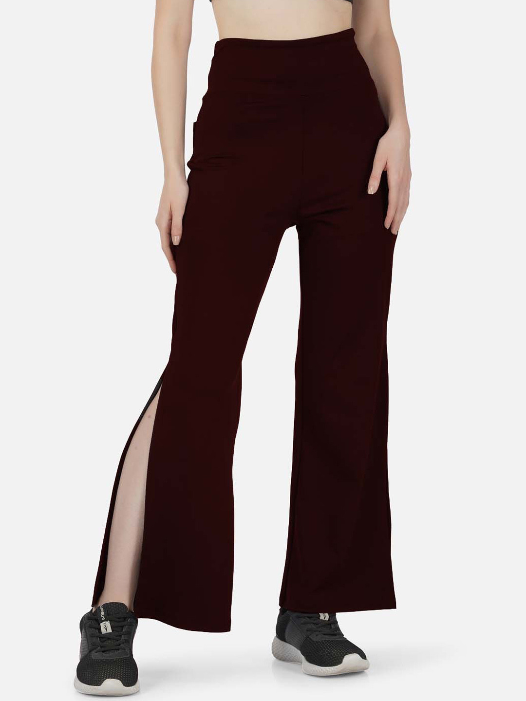 IMPERATIVE Women Relaxed High-Rise Pain Knitted Flared Side Slit Sports Bootcut Trousers