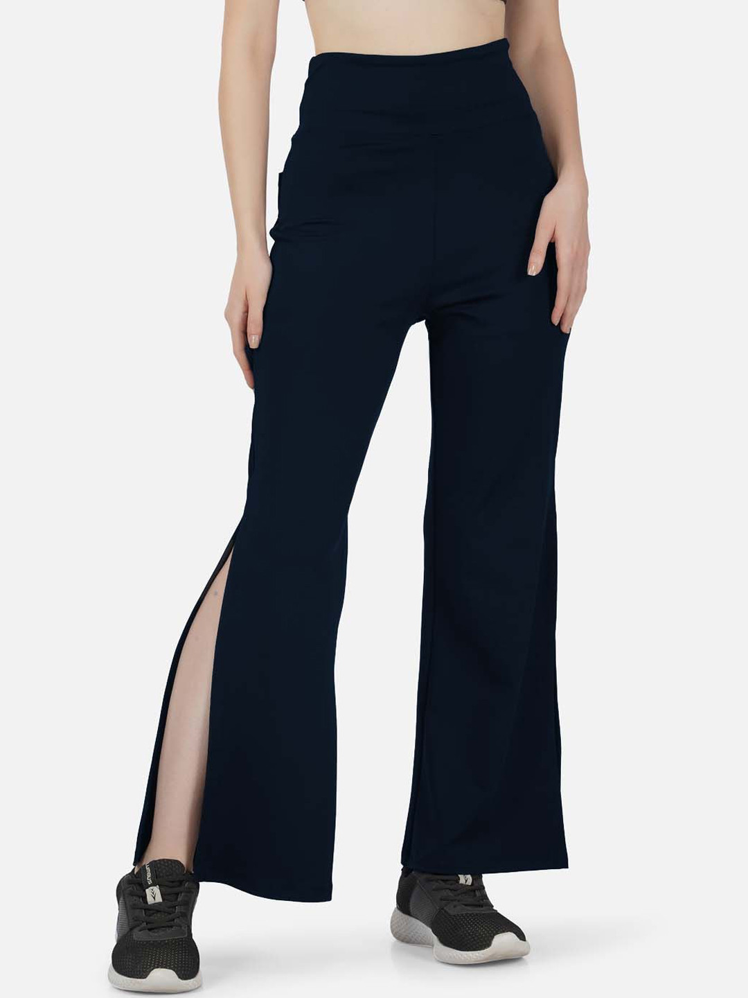 IMPERATIVE Women Relaxed High-Rise Pain Knitted Flared Side Slit Sports Bootcut Trousers