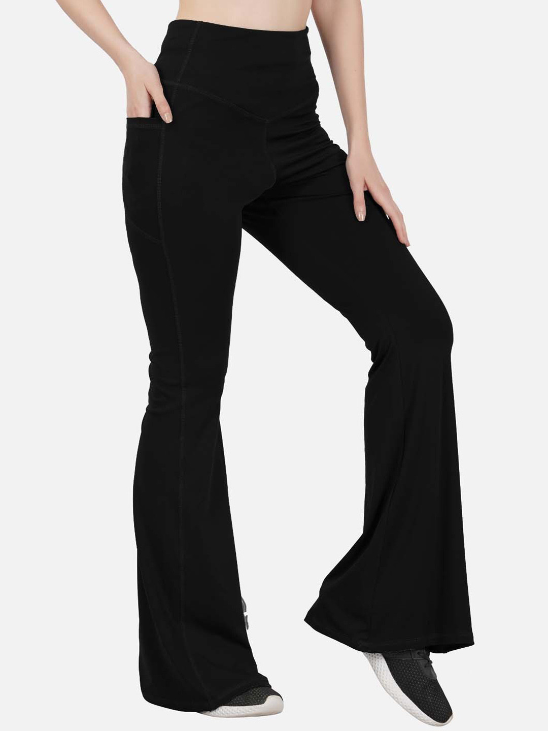 IMPERATIVE Women Relaxed High-Rise Pain Knitted Flared Bootcut Trousers
