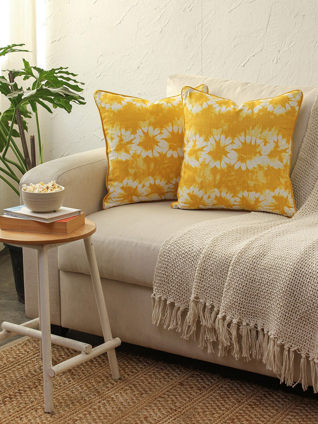 House This Maliku Yellow & White 2 Pieces Abstract Square Cushion Covers