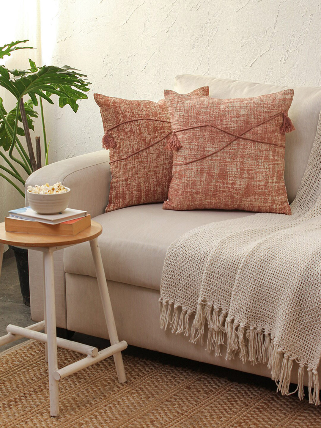 House This Bhargavi Self Design Cotton Lightweight 2 Pcs Textured Cushion Covers -16x16In