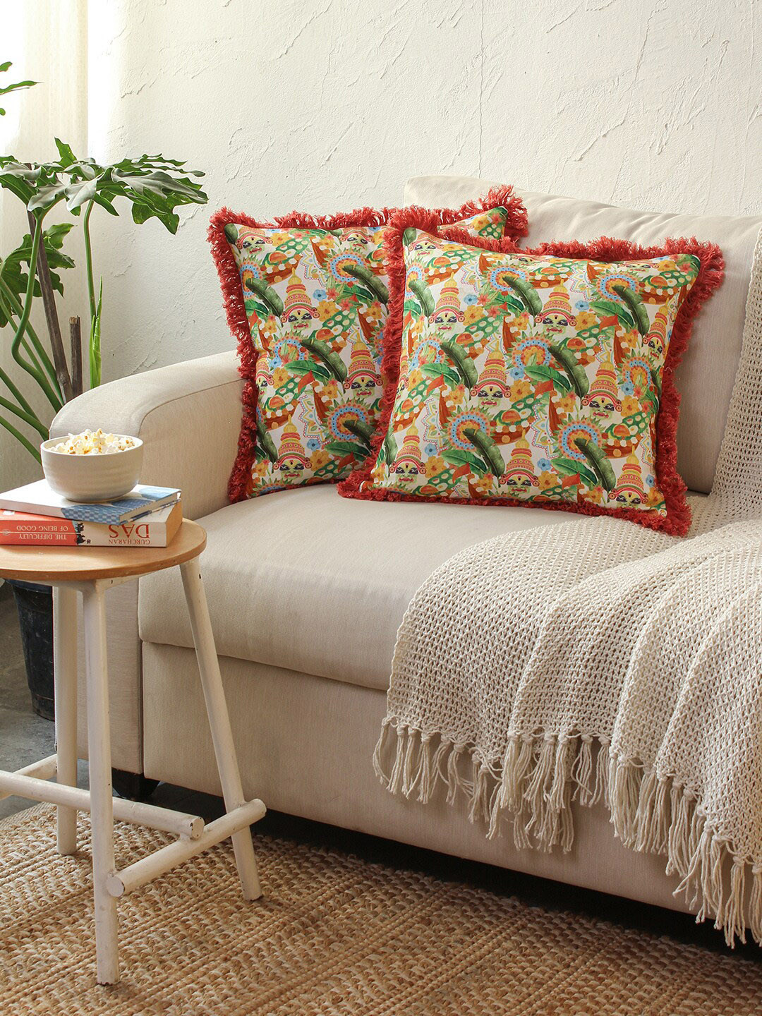 House This Onam White Abstract Cotton Breathable 2 Pcs Square Cushion Covers - 16x16In