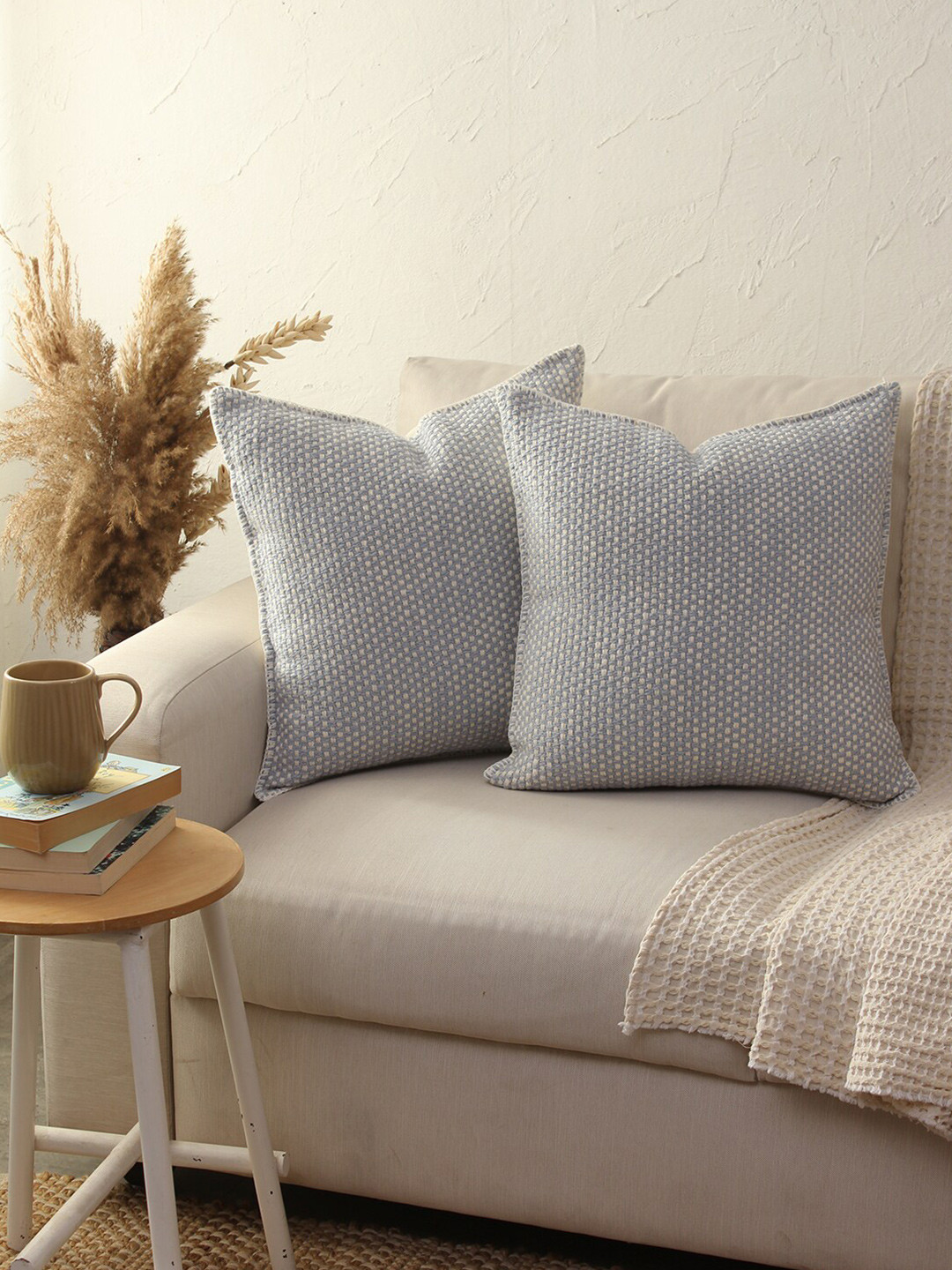 House This Vindhya Blue & White 2 Pieces Checked Cotton Square Cushion Covers