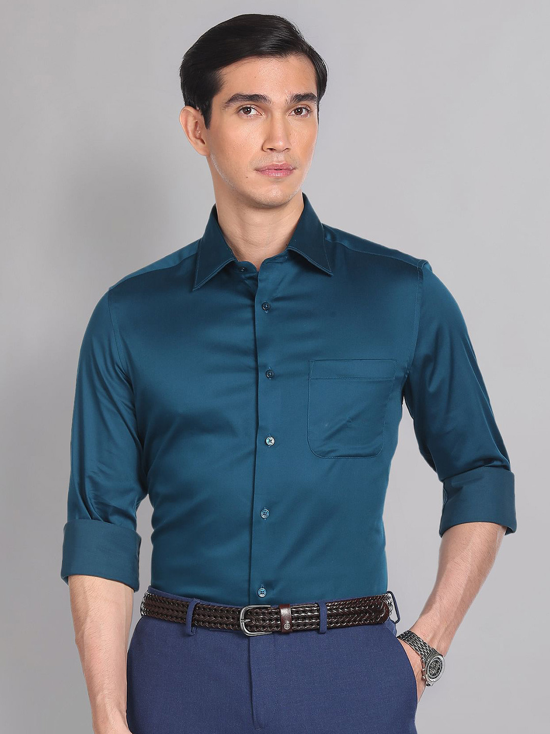 AD By Arvind Regular Fit Solid Formal Satin Weave Shirt