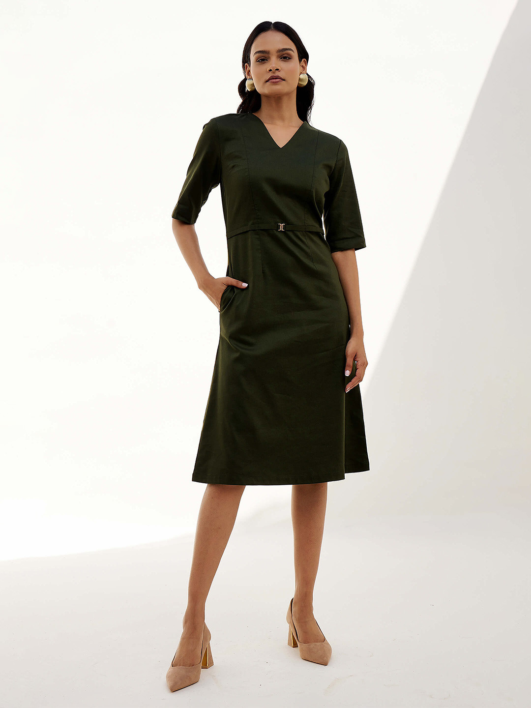 SALT ATTIRE V-Neck Belted Cotton A-Line Dress