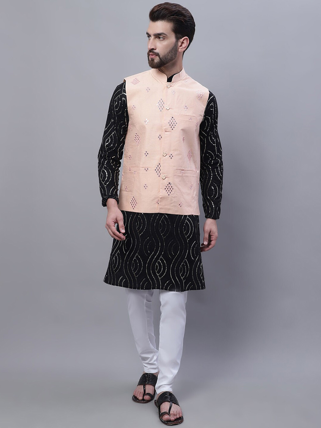 SOJANYA Leheriya Embroidered Sequinned Kurta with Churidar & Nahru Jacket