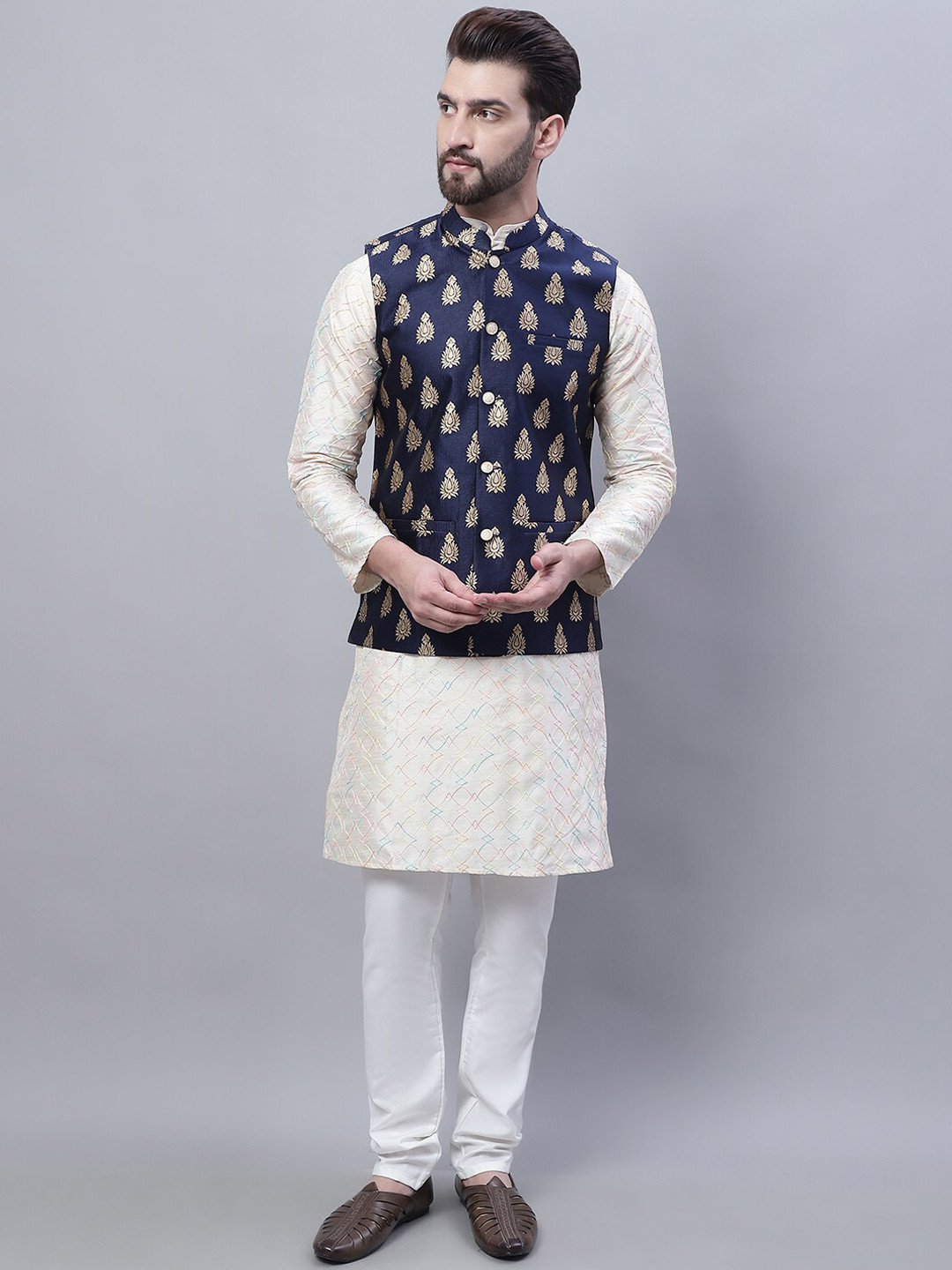 SOJANYA Embroidered Mandarin Collar Kurta with Churidar & Nahru Jacket