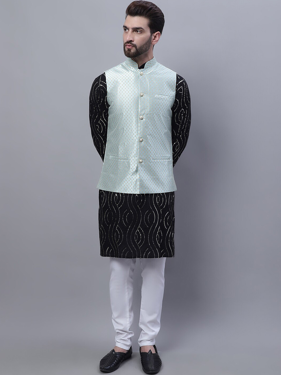 SOJANYA Leheriya Embroidered Pure Cotton Kurta with Pyjamas & Narhu Jacket