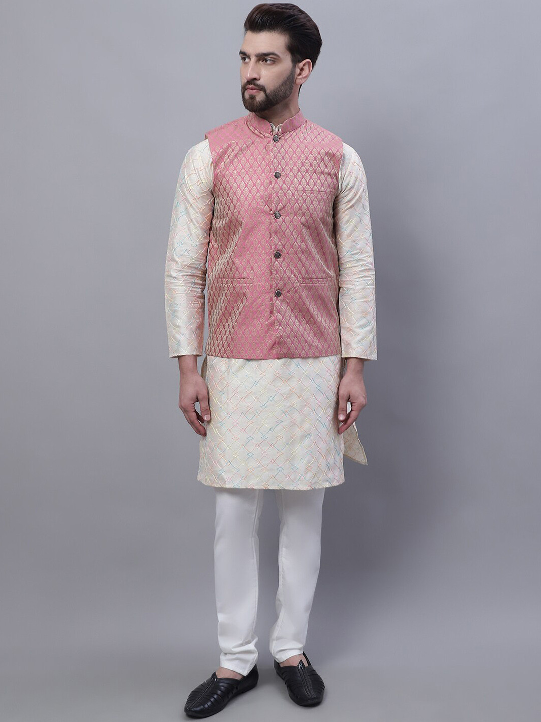 SOJANYA Embroidered Mandarin Collar Kurta with Pyjamas & Nahru Jacket