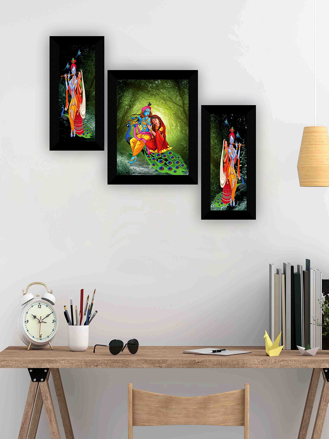 SAF Black & Green 3-Pieces Radha Krishna Printed Framed Wall Art