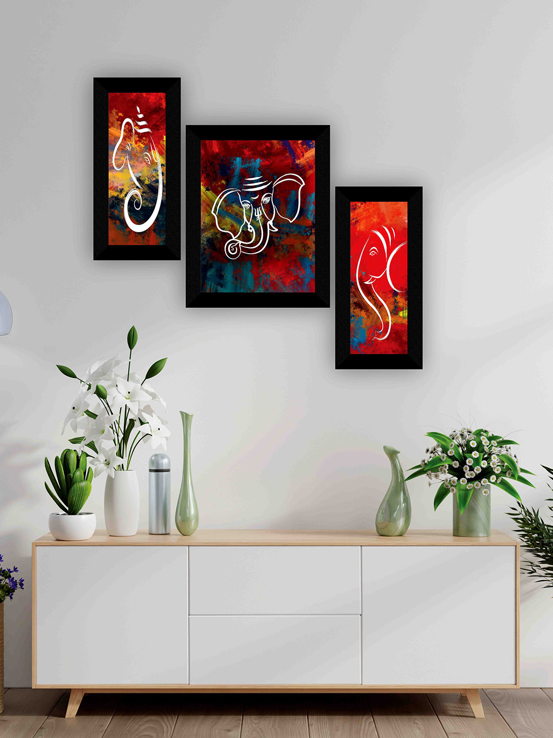 SAF Brown & Red 3-Pieces Lord Ganesha Printed Framed Wall Art