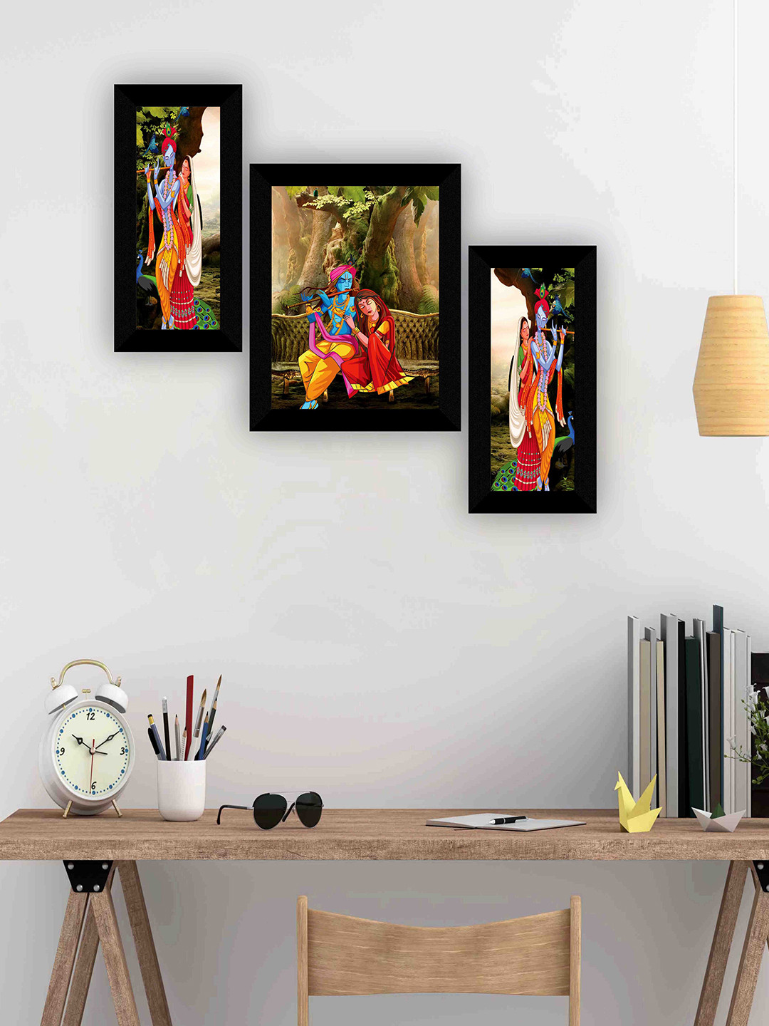SAF Black & Red 3-Pieces Radha Krishna Printed Framed Wall Art