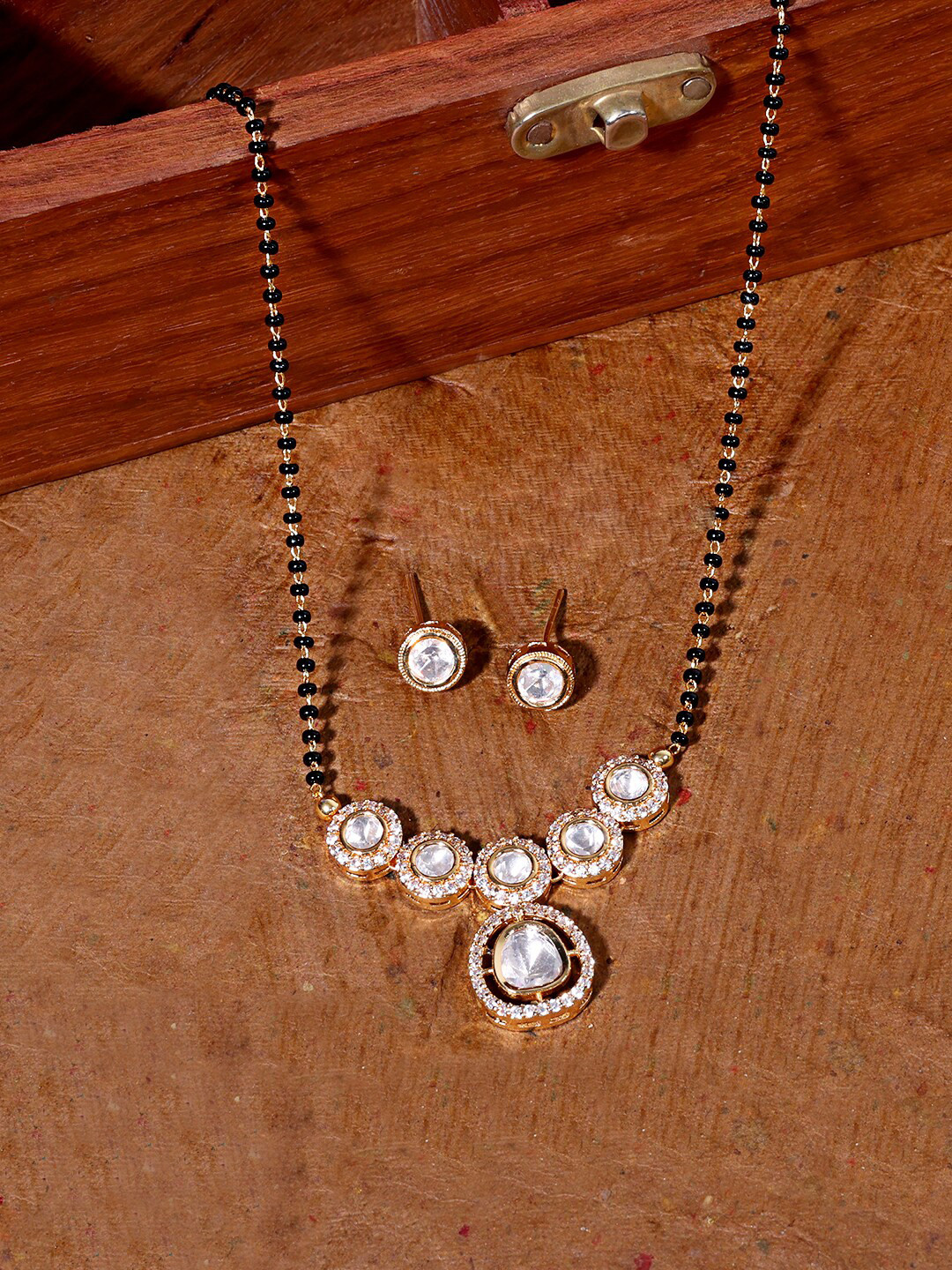 ABDESIGNS Gold-Plated Beaded & White Kundan Polki Mangalsutra With Earrings Set