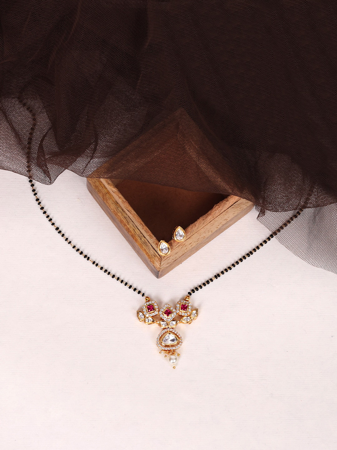 ABDESIGNS Gold-Plated Beaded & Kundan Polki Mangalsutra With Earrings Set