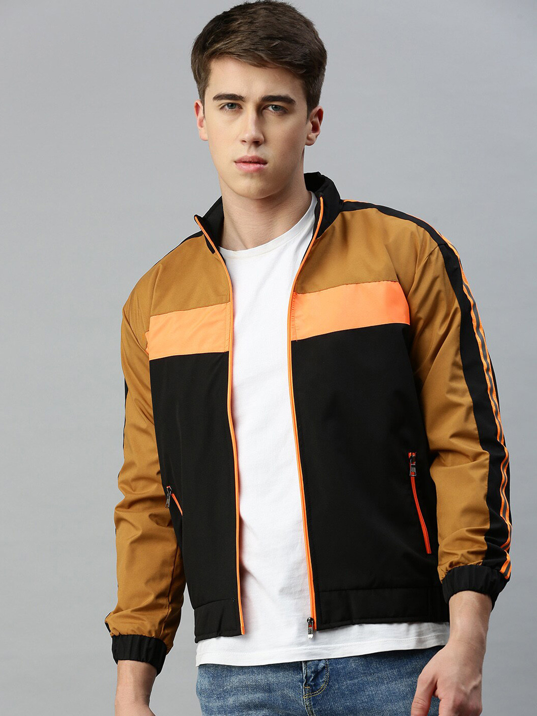 VOXATI Colourblocked Mock Neck Bomber Jacket