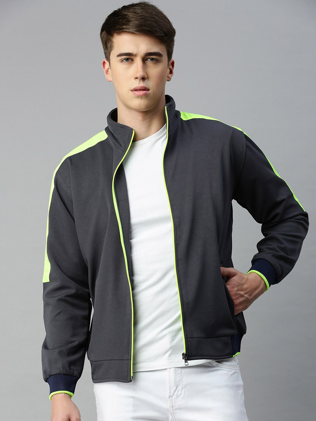 VOXATI Mock Collar Open Front Bomber Jacket