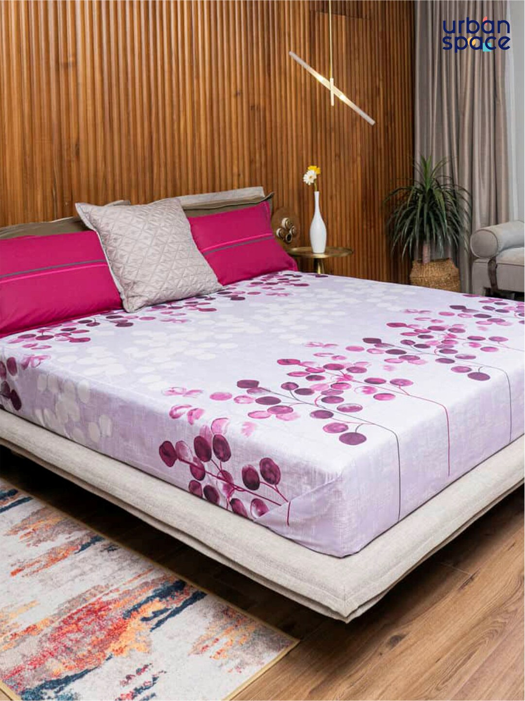 URBAN SPACE Purple & White Printed Pure Cotton Double Queen Bedding Set