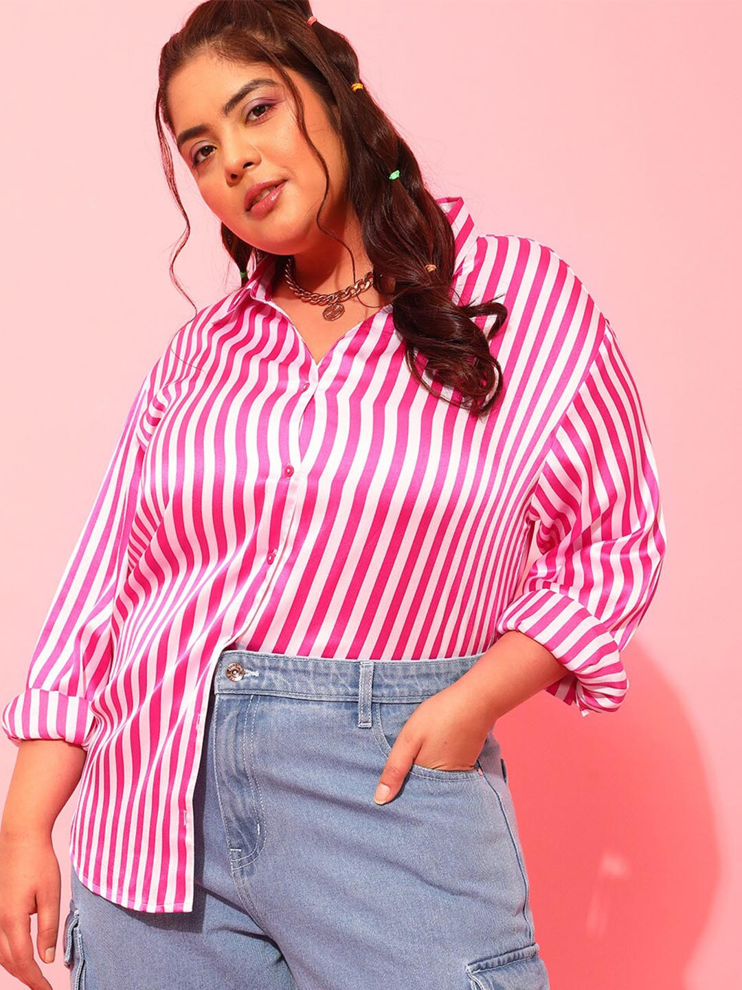 CURVY STREET Plus Size Pink & White Classic Vertical Striped Satin Shirt