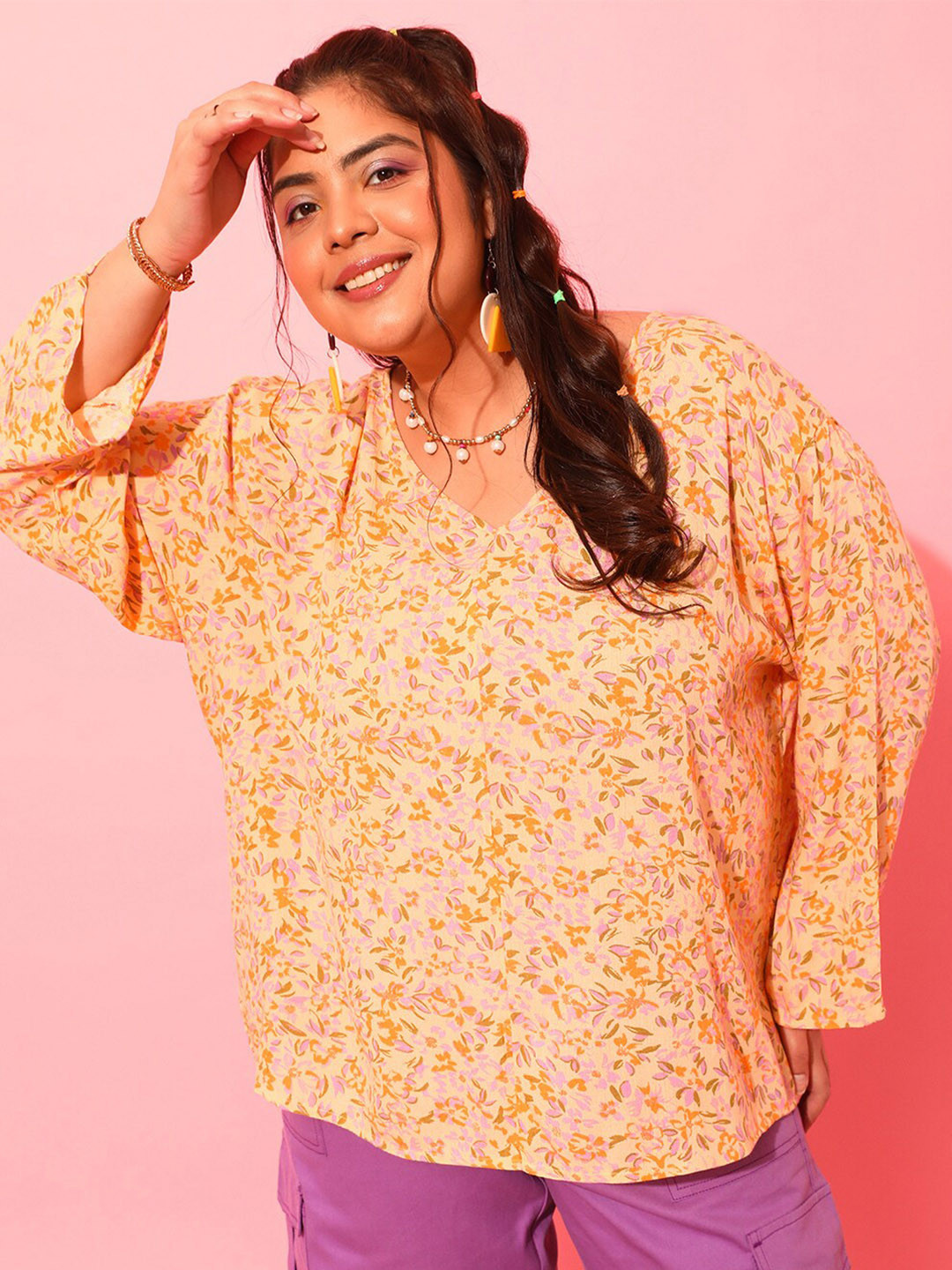 CURVY STREET Yellow Plus Size Floral Printed V-Neck Crepe Top