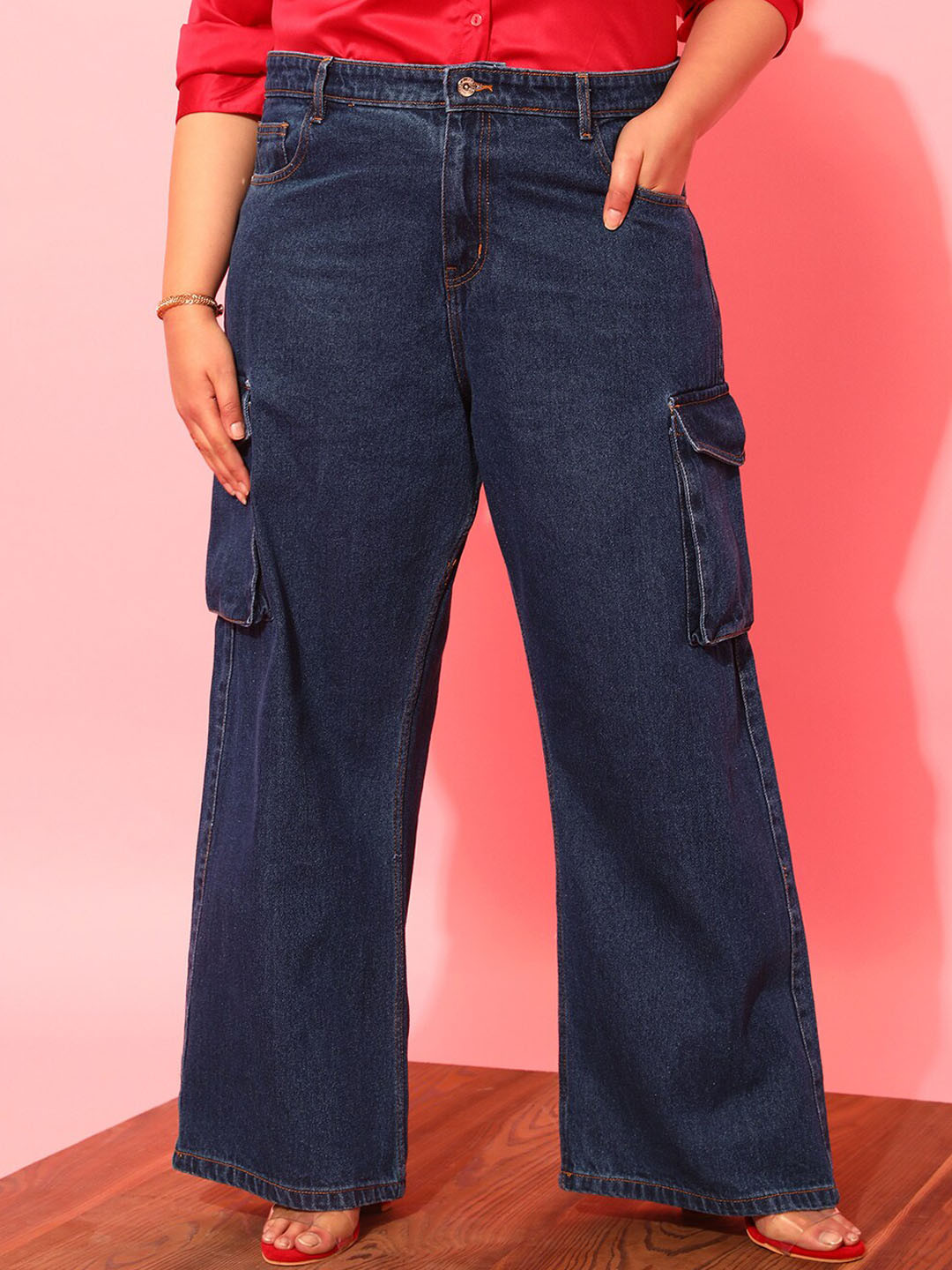 CURVY STREET Women Plus Size Blue Jean Wide Leg Pure Cotton Cargo Jeans