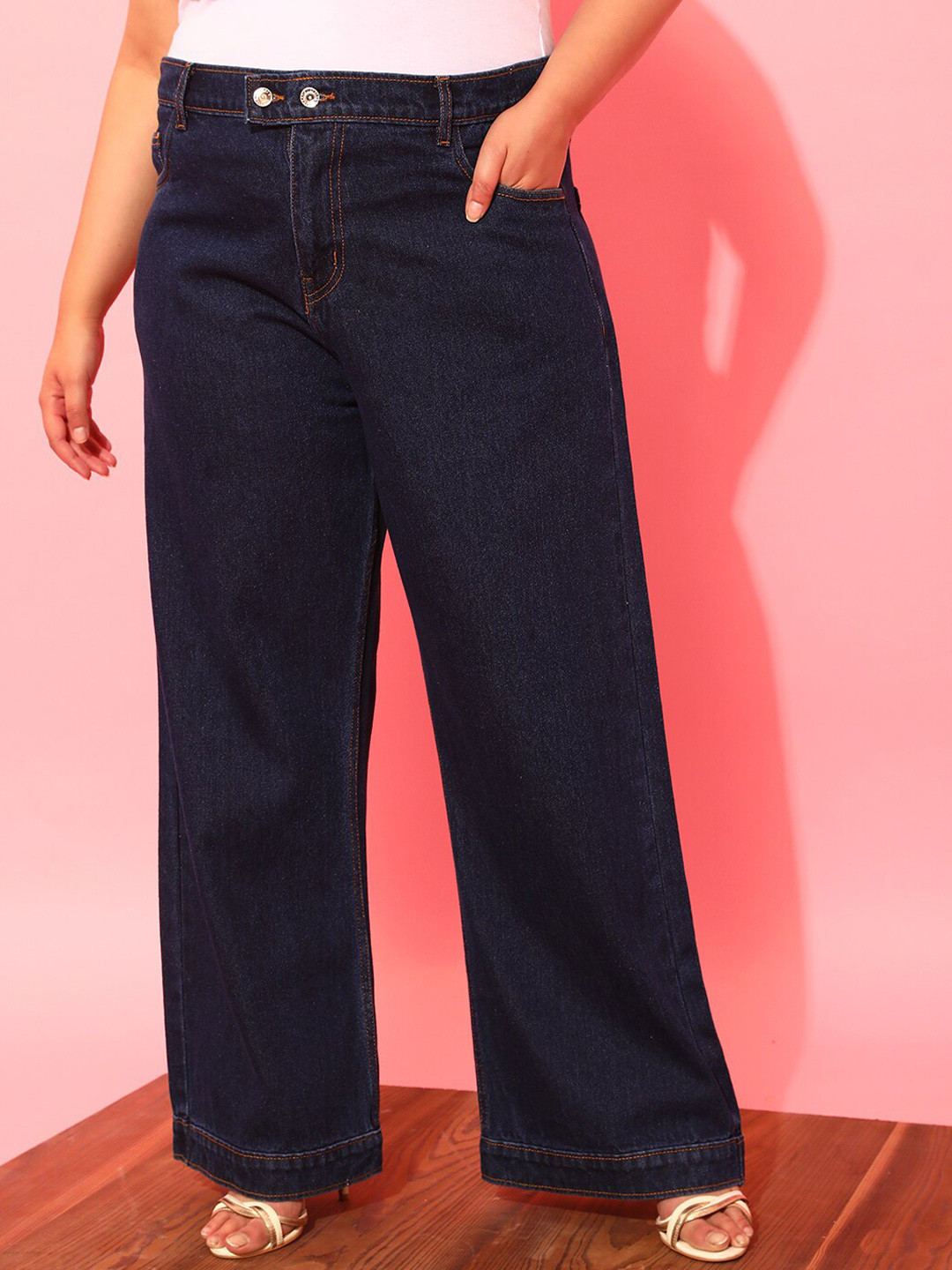 CURVY STREET Women Plus Size Blue Jean Wide Leg Pure Cotton Jeans