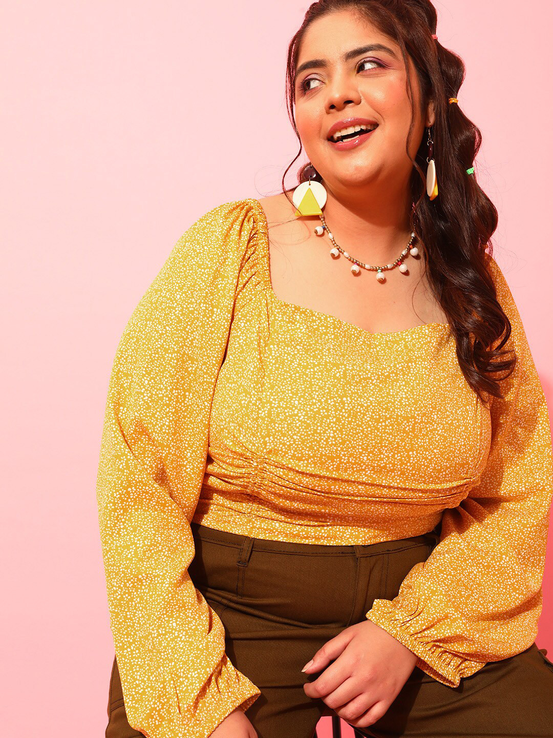 CURVY STREET Yellow Plus Size Floral Printed Square Neck Puff sleeeves Crepe Crop Top